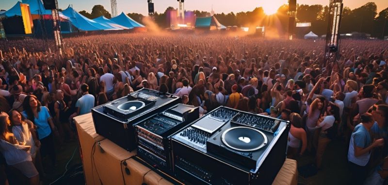 Outdoor concert speakers and solar panels powering equipment