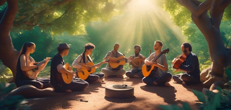 Group of people meditating outdoors with soft music at sunset