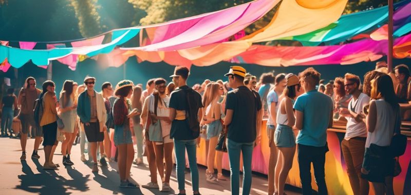 Farmers market stalls at a music festival offering local organic food