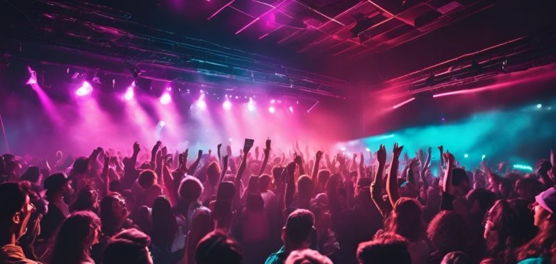 EDM festival stage with LED lights and sustainable decor