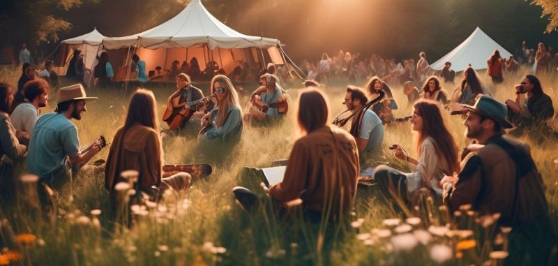 Band performing on stage with eco-friendly messaging displayed behind them