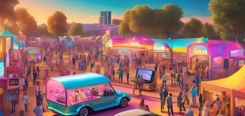 Small pop-up concert in a park with solar-powered speakers and an intimate crowd