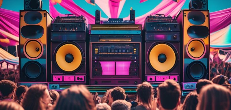 Aerial view of a sustainable music festival with recycling stations and solar panels