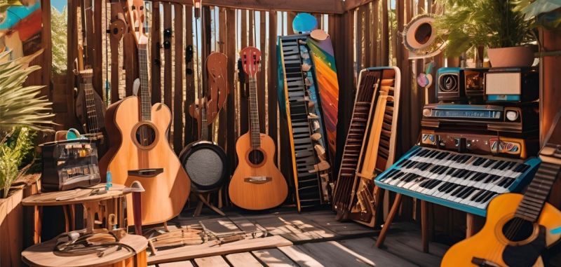 Musicians performing an acoustic set outdoors in nature