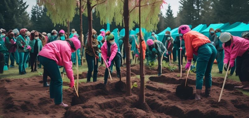 Volunteers planting trees at a music event for reforestation